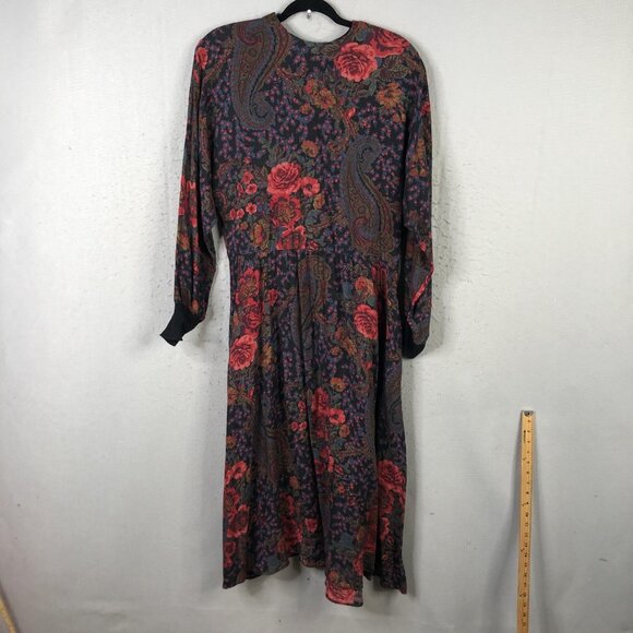 VINTAGE David Warren Dress Womens 12 Black Floral Paisley Made USA Back Zip 80s - Picture 1 of 16